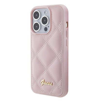 iPhone 15 Pro Kılıf Guess Orjinal Lisanslı PU Deri Metal Yazı Logolu Kapitone Kapak