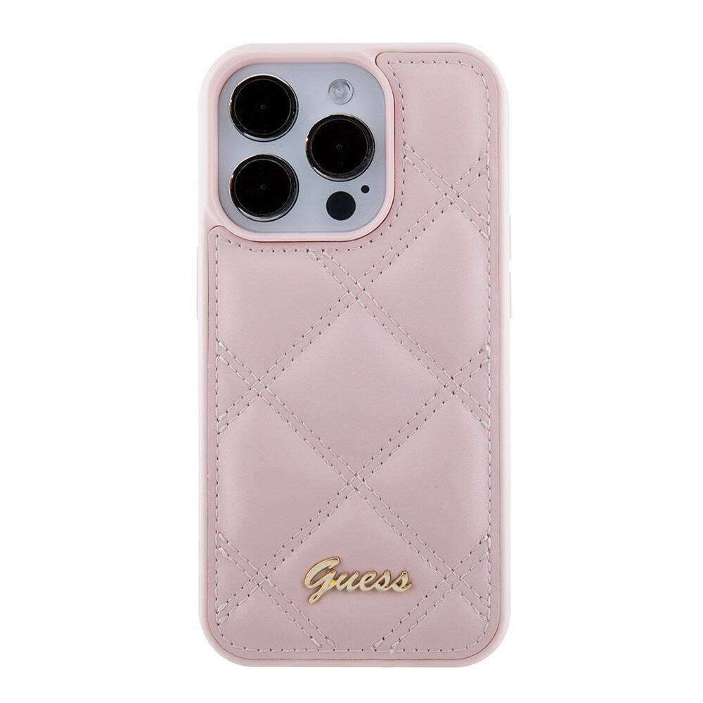 iPhone 15 Pro Kılıf Guess Orjinal Lisanslı PU Deri Metal Yazı Logolu Kapitone Kapak
