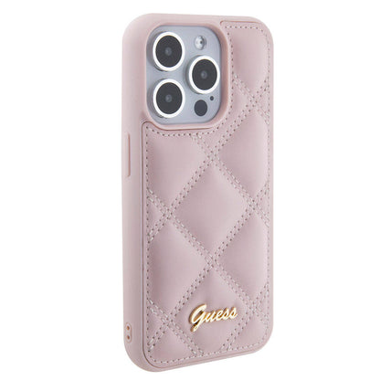 iPhone 15 Pro Kılıf Guess Orjinal Lisanslı PU Deri Metal Yazı Logolu Kapitone Kapak