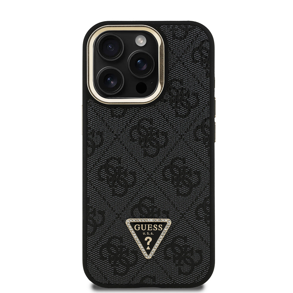 iPhone 15 Pro Kılıf Guess Orjinal Lisanslı PU Deri Taşlı Üçgen Logo 4G Desenli Kamera Standlı Kapak