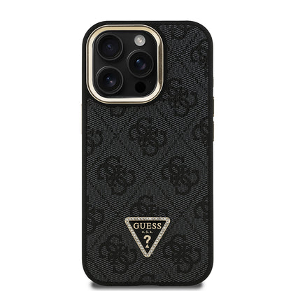 iPhone 15 Pro Kılıf Guess Orjinal Lisanslı PU Deri Taşlı Üçgen Logo 4G Desenli Kamera Standlı Kapak