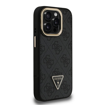 iPhone 15 Pro Kılıf Guess Orjinal Lisanslı PU Deri Taşlı Üçgen Logo 4G Desenli Kamera Standlı Kapak