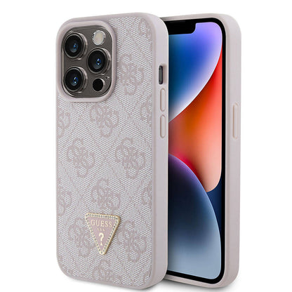 iPhone 15 Pro Kılıf Guess Orjinal Lisanslı PU Deri Taşlı Üçgen Logo 4G Desenli Strass Kapak