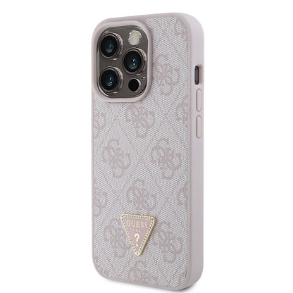 iPhone 15 Pro Kılıf Guess Orjinal Lisanslı PU Deri Taşlı Üçgen Logo 4G Desenli Strass Kapak