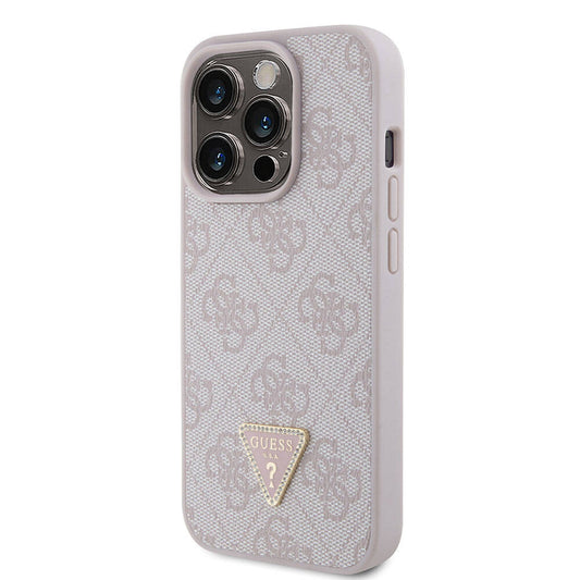 iPhone 15 Pro Kılıf Guess Orjinal Lisanslı PU Deri Taşlı Üçgen Logo 4G Desenli Strass Kapak