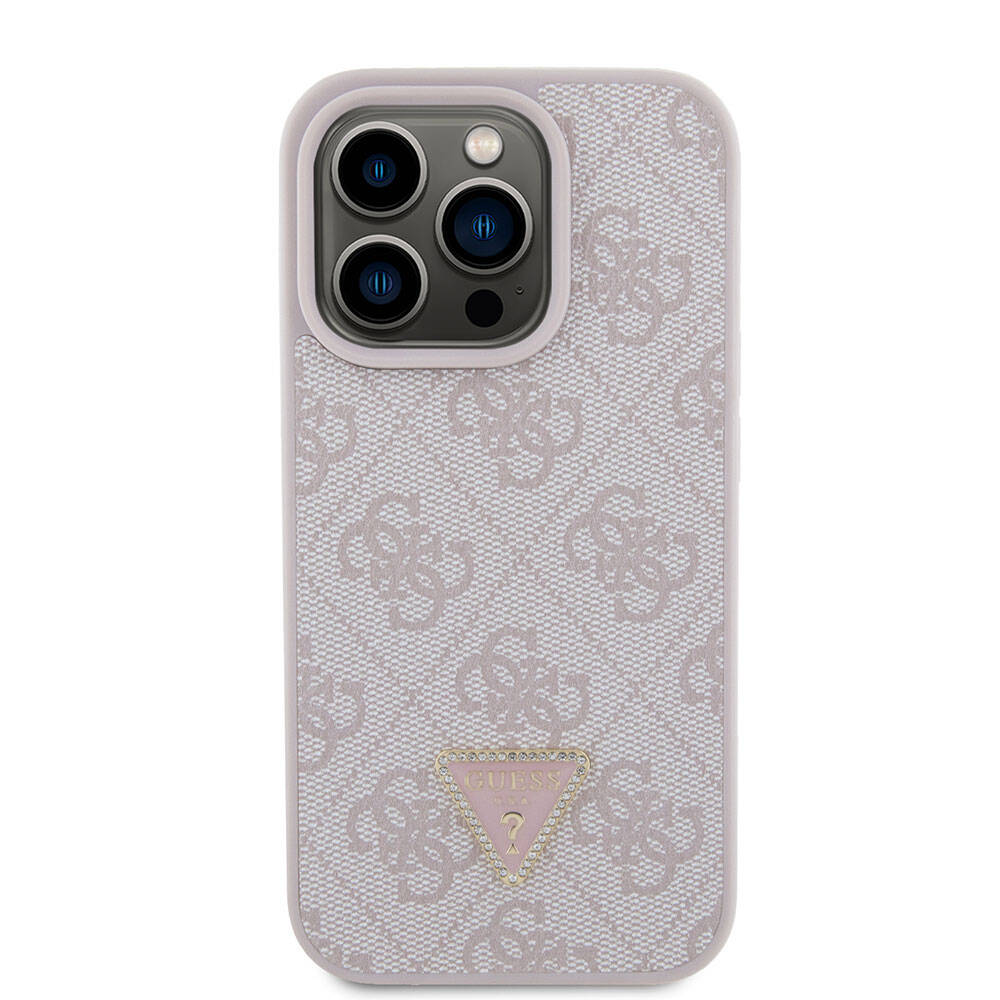iPhone 15 Pro Kılıf Guess Orjinal Lisanslı PU Deri Taşlı Üçgen Logo 4G Desenli Strass Kapak