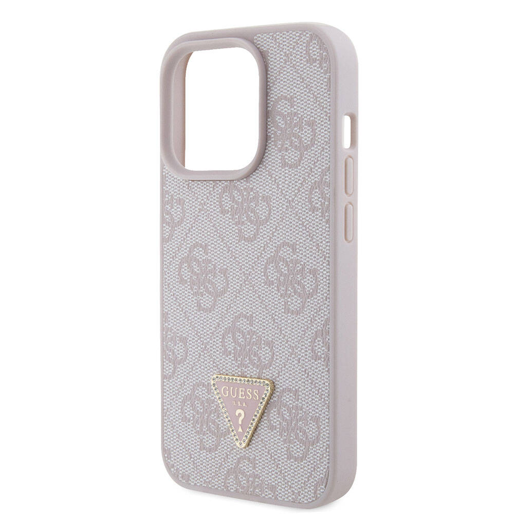 iPhone 15 Pro Kılıf Guess Orjinal Lisanslı PU Deri Taşlı Üçgen Logo 4G Desenli Strass Kapak