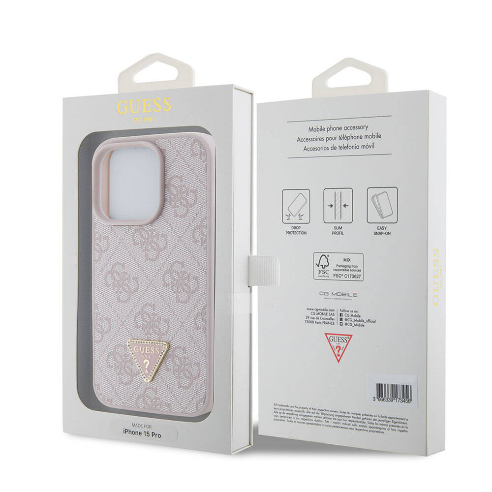 iPhone 15 Pro Kılıf Guess Orjinal Lisanslı PU Deri Taşlı Üçgen Logo 4G Desenli Strass Kapak