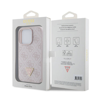 iPhone 15 Pro Kılıf Guess Orjinal Lisanslı PU Deri Taşlı Üçgen Logo 4G Desenli Strass Kapak