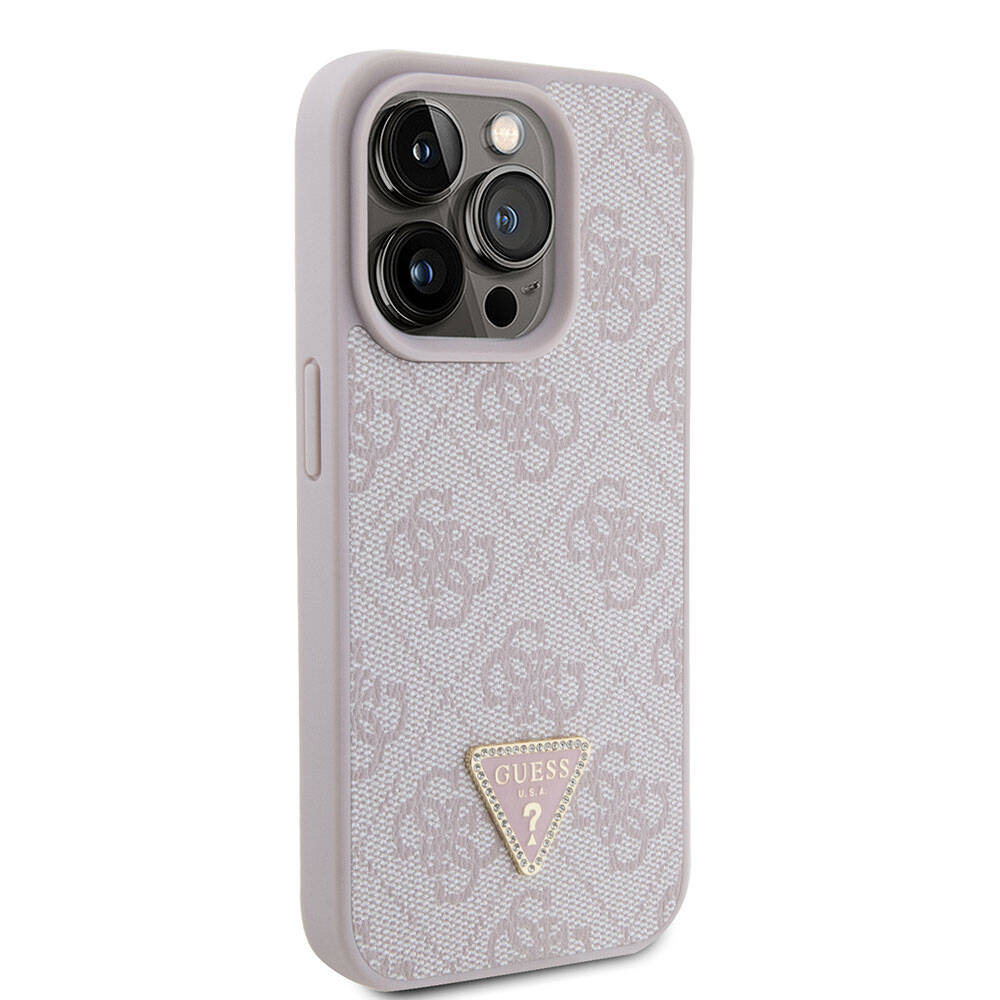 iPhone 15 Pro Kılıf Guess Orjinal Lisanslı PU Deri Taşlı Üçgen Logo 4G Desenli Strass Kapak