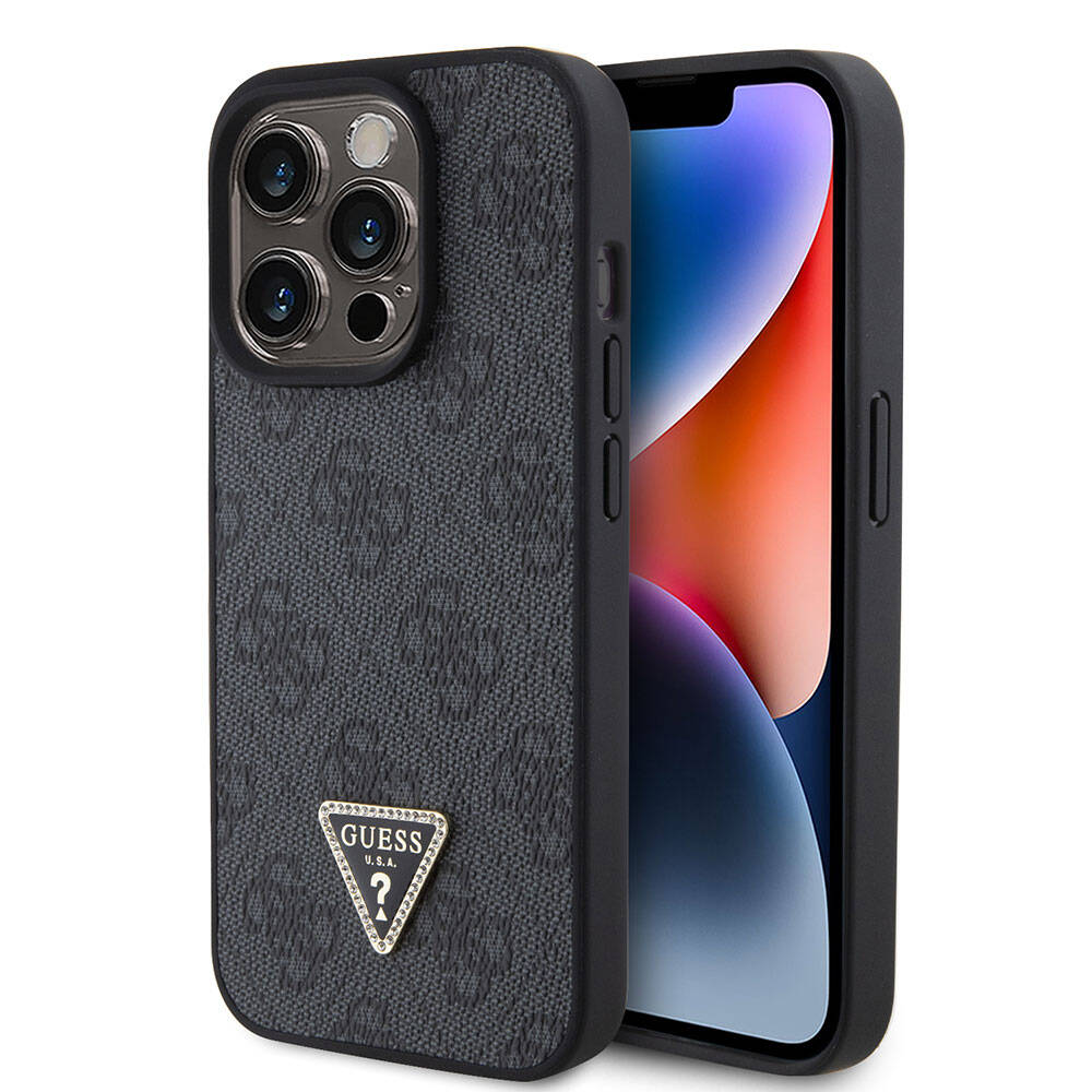 iPhone 15 Pro Kılıf Guess Orjinal Lisanslı PU Deri Taşlı Üçgen Logo 4G Desenli Strass Kapak