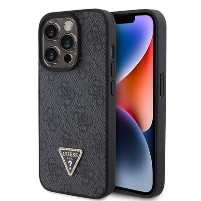 iPhone 15 Pro Kılıf Guess Orjinal Lisanslı PU Deri Taşlı Üçgen Logo 4G Desenli Strass Kapak