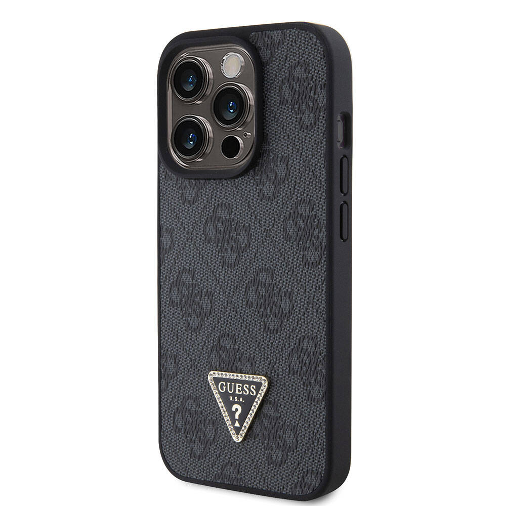 iPhone 15 Pro Kılıf Guess Orjinal Lisanslı PU Deri Taşlı Üçgen Logo 4G Desenli Strass Kapak