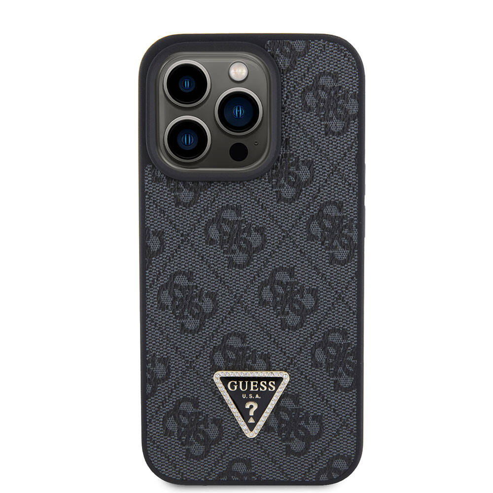 iPhone 15 Pro Kılıf Guess Orjinal Lisanslı PU Deri Taşlı Üçgen Logo 4G Desenli Strass Kapak