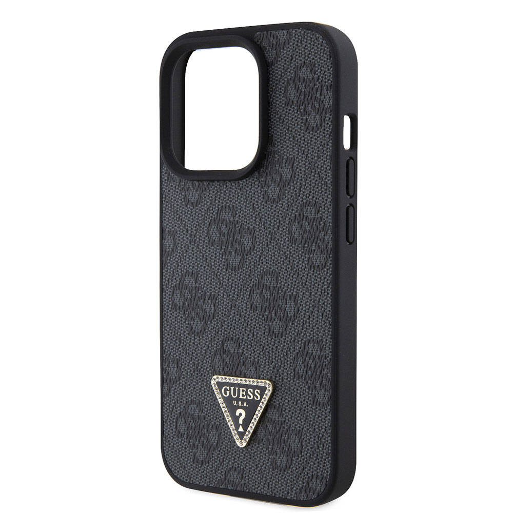 iPhone 15 Pro Kılıf Guess Orjinal Lisanslı PU Deri Taşlı Üçgen Logo 4G Desenli Strass Kapak