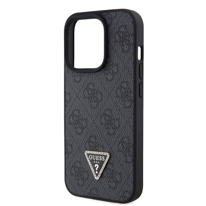 iPhone 15 Pro Kılıf Guess Orjinal Lisanslı PU Deri Taşlı Üçgen Logo 4G Desenli Strass Kapak