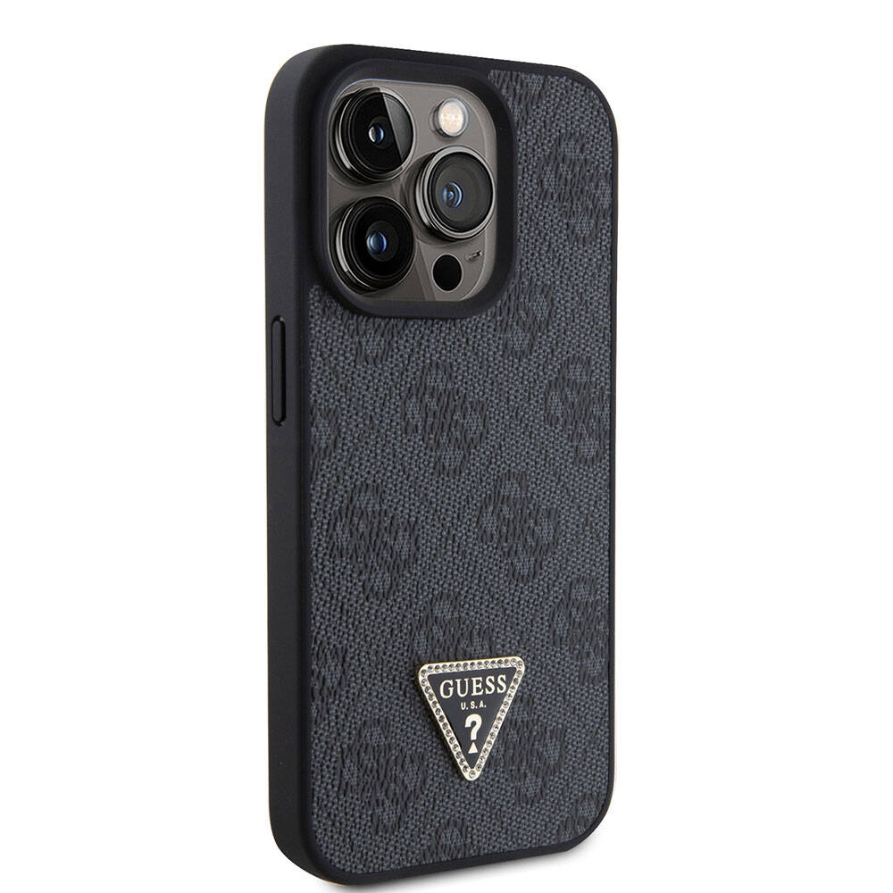 iPhone 15 Pro Kılıf Guess Orjinal Lisanslı PU Deri Taşlı Üçgen Logo 4G Desenli Strass Kapak
