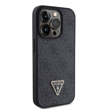 iPhone 15 Pro Kılıf Guess Orjinal Lisanslı PU Deri Taşlı Üçgen Logo 4G Desenli Strass Kapak