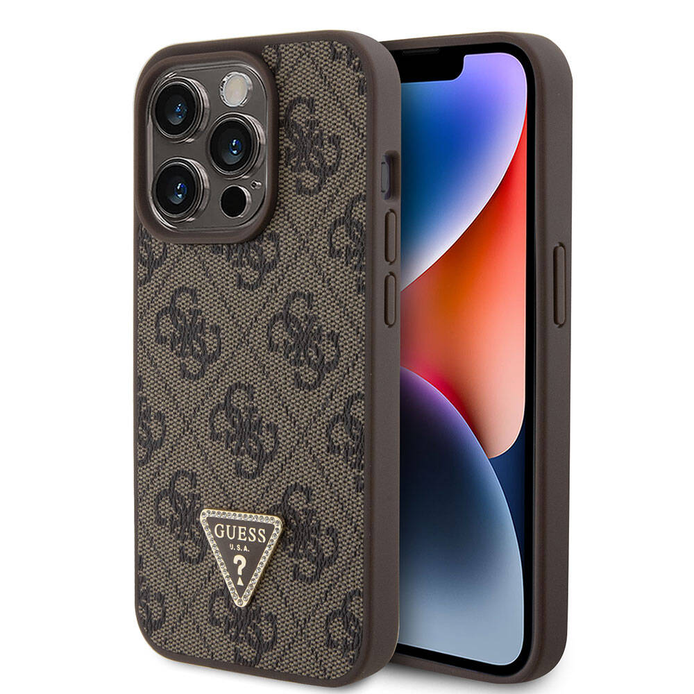 iPhone 15 Pro Kılıf Guess Orjinal Lisanslı PU Deri Taşlı Üçgen Logo 4G Desenli Strass Kapak