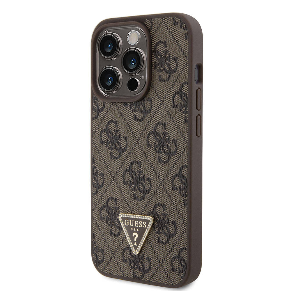 iPhone 15 Pro Kılıf Guess Orjinal Lisanslı PU Deri Taşlı Üçgen Logo 4G Desenli Strass Kapak