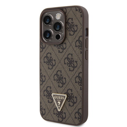 iPhone 15 Pro Kılıf Guess Orjinal Lisanslı PU Deri Taşlı Üçgen Logo 4G Desenli Strass Kapak
