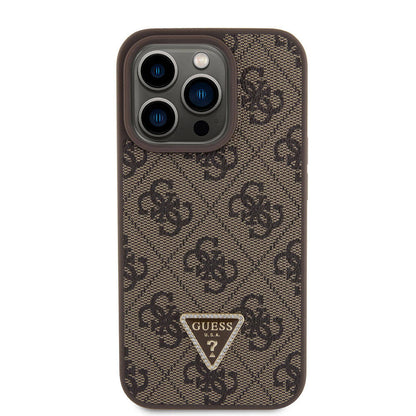 iPhone 15 Pro Kılıf Guess Orjinal Lisanslı PU Deri Taşlı Üçgen Logo 4G Desenli Strass Kapak