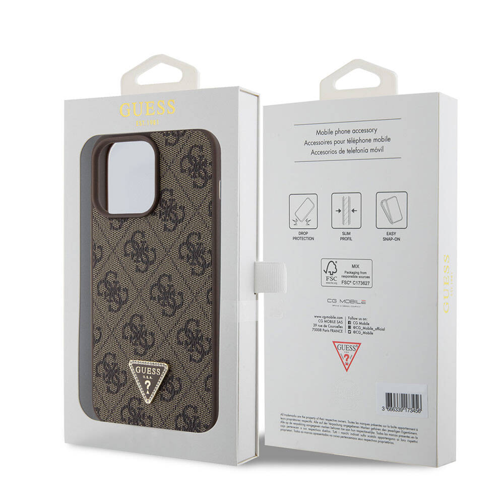 iPhone 15 Pro Kılıf Guess Orjinal Lisanslı PU Deri Taşlı Üçgen Logo 4G Desenli Strass Kapak