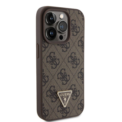 iPhone 15 Pro Kılıf Guess Orjinal Lisanslı PU Deri Taşlı Üçgen Logo 4G Desenli Strass Kapak