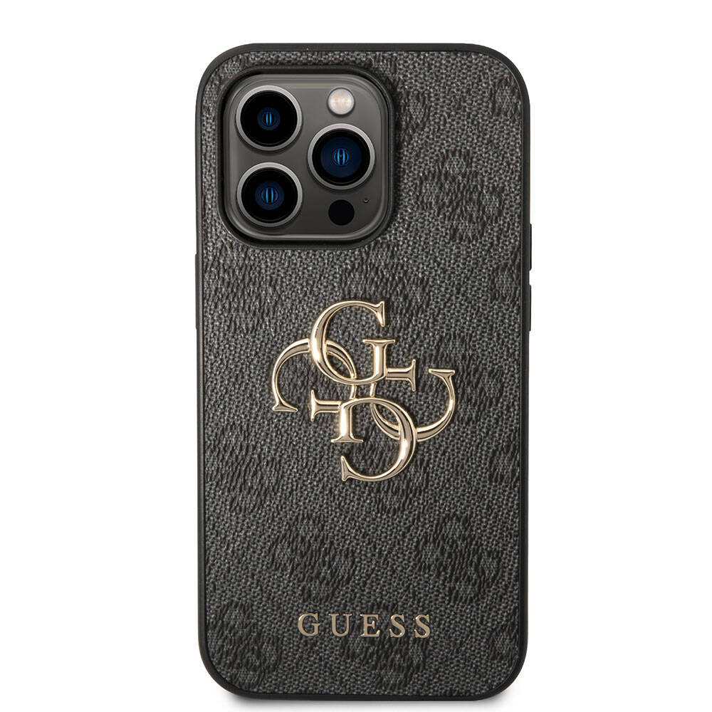 iPhone 15 Pro Kılıf Guess Orjinal Lisanslı PU Deri Yazı ve 4G Metal Logolu Desenli Kapak