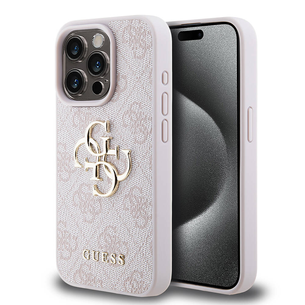 iPhone 15 Pro Kılıf Guess Orjinal Lisanslı PU Deri Yazı ve 4G Metal Logolu Desenli Kapak