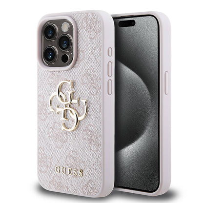 iPhone 15 Pro Kılıf Guess Orjinal Lisanslı PU Deri Yazı ve 4G Metal Logolu Desenli Kapak
