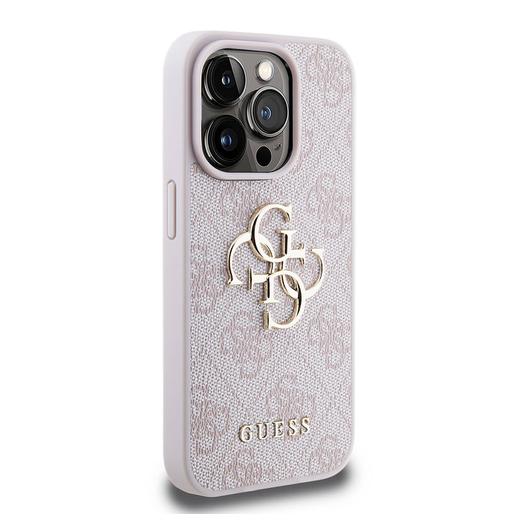 iPhone 15 Pro Kılıf Guess Orjinal Lisanslı PU Deri Yazı ve 4G Metal Logolu Desenli Kapak