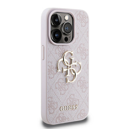 iPhone 15 Pro Kılıf Guess Orjinal Lisanslı PU Deri Yazı ve 4G Metal Logolu Desenli Kapak