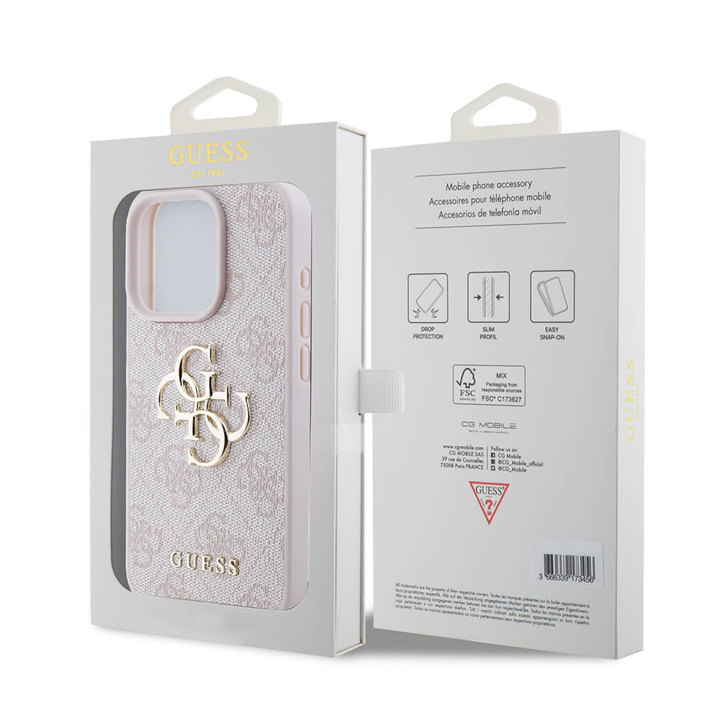 iPhone 15 Pro Kılıf Guess Orjinal Lisanslı PU Deri Yazı ve 4G Metal Logolu Desenli Kapak