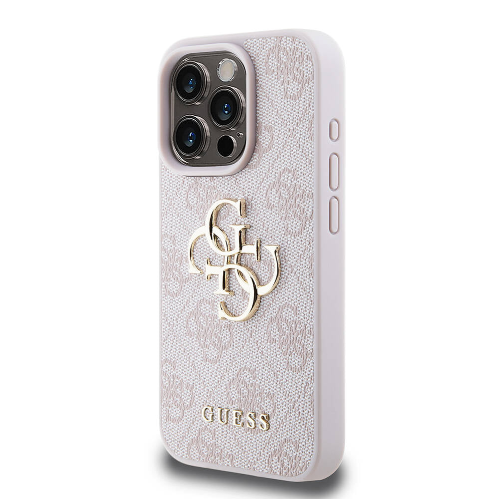 iPhone 15 Pro Kılıf Guess Orjinal Lisanslı PU Deri Yazı ve 4G Metal Logolu Desenli Kapak