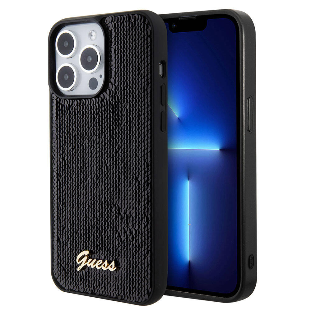 iPhone 15 Pro Kılıf Guess Orjinal Lisanslı Pullu Arka Yüzey Metal Yazı Logolu Sequin Script Kapak