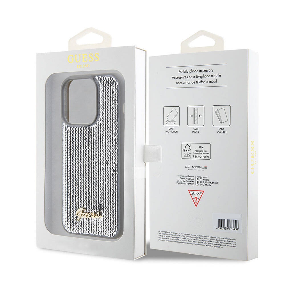 iPhone 15 Pro Kılıf Guess Orjinal Lisanslı Pullu Arka Yüzey Metal Yazı Logolu Sequin Script Kapak