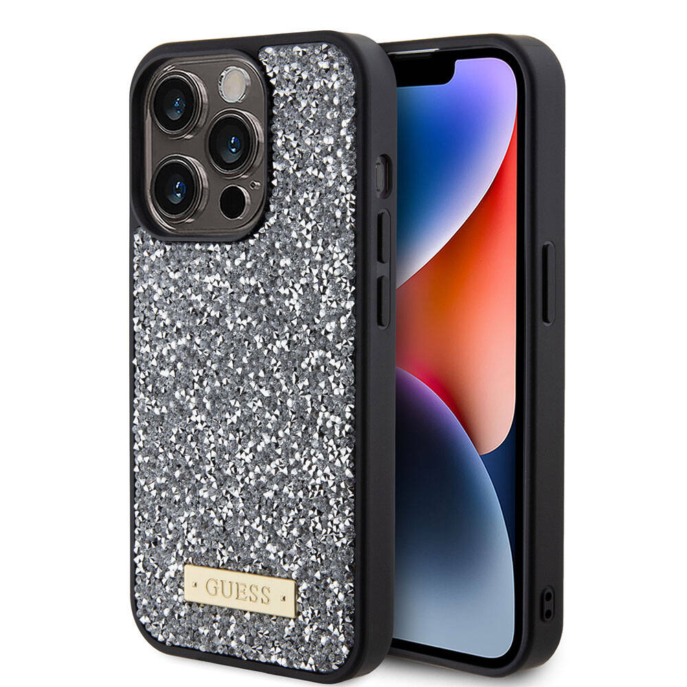 iPhone 15 Pro Kılıf Guess Orjinal Lisanslı Taşlı Arka Yüzey Metal Yazı Logolu Kapak