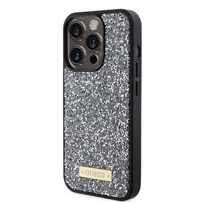 iPhone 15 Pro Kılıf Guess Orjinal Lisanslı Taşlı Arka Yüzey Metal Yazı Logolu Kapak