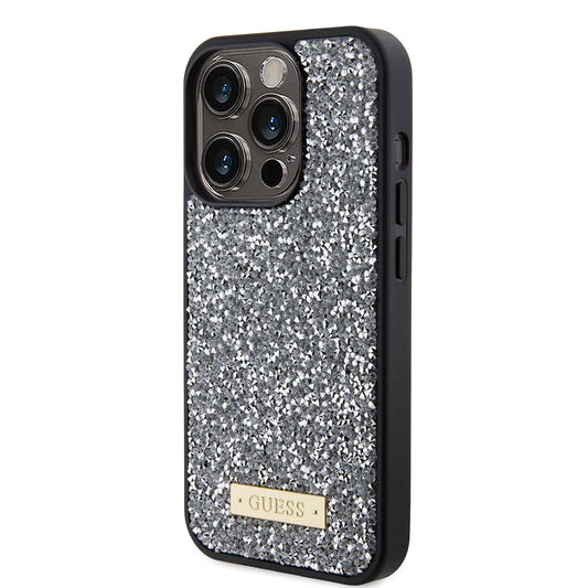 iPhone 15 Pro Kılıf Guess Orjinal Lisanslı Taşlı Arka Yüzey Metal Yazı Logolu Kapak