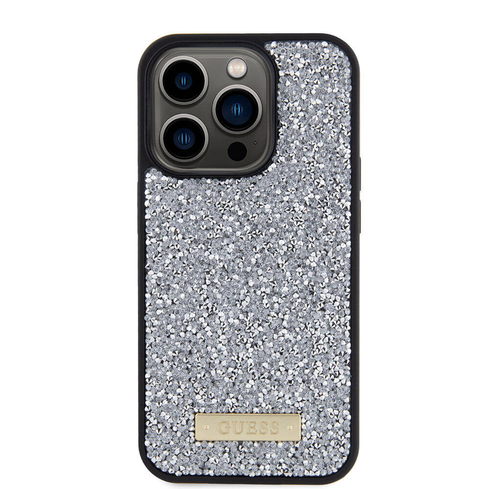 iPhone 15 Pro Kılıf Guess Orjinal Lisanslı Taşlı Arka Yüzey Metal Yazı Logolu Kapak