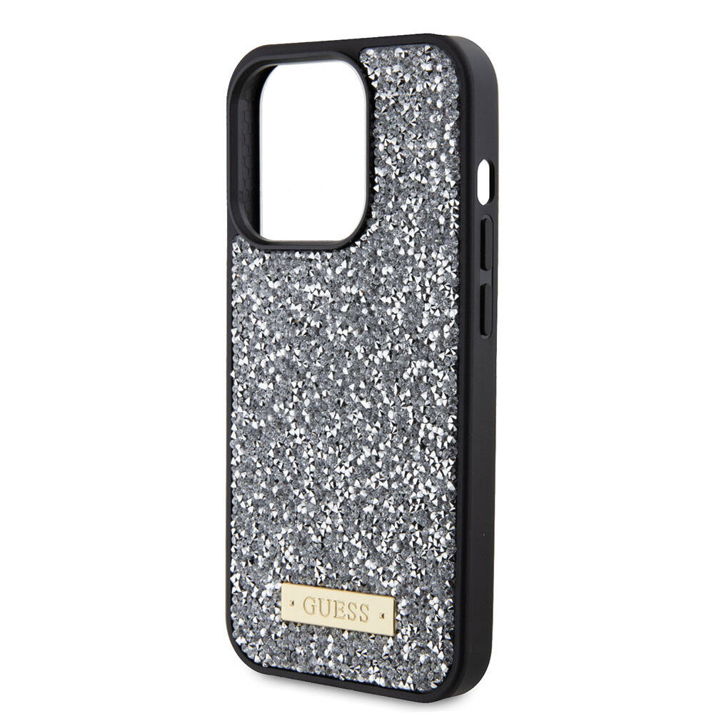 iPhone 15 Pro Kılıf Guess Orjinal Lisanslı Taşlı Arka Yüzey Metal Yazı Logolu Kapak