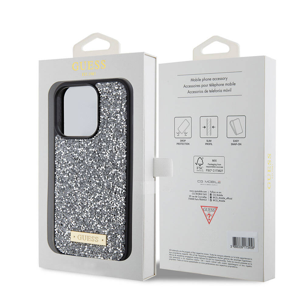 iPhone 15 Pro Kılıf Guess Orjinal Lisanslı Taşlı Arka Yüzey Metal Yazı Logolu Kapak