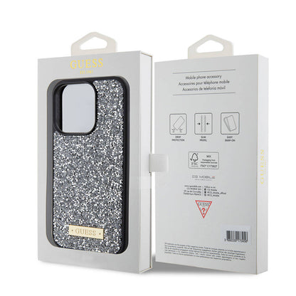 iPhone 15 Pro Kılıf Guess Orjinal Lisanslı Taşlı Arka Yüzey Metal Yazı Logolu Kapak