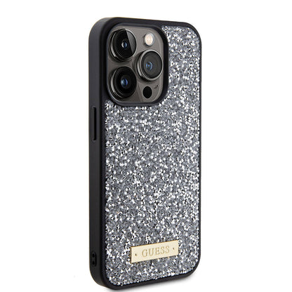iPhone 15 Pro Kılıf Guess Orjinal Lisanslı Taşlı Arka Yüzey Metal Yazı Logolu Kapak