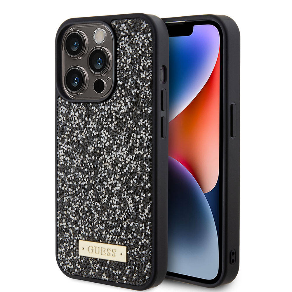 iPhone 15 Pro Kılıf Guess Orjinal Lisanslı Taşlı Arka Yüzey Metal Yazı Logolu Kapak