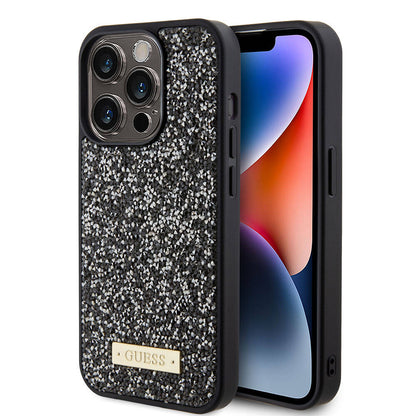 iPhone 15 Pro Kılıf Guess Orjinal Lisanslı Taşlı Arka Yüzey Metal Yazı Logolu Kapak