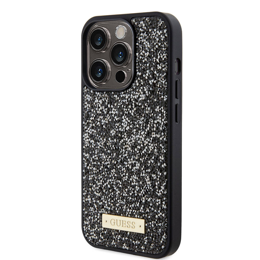 iPhone 15 Pro Kılıf Guess Orjinal Lisanslı Taşlı Arka Yüzey Metal Yazı Logolu Kapak