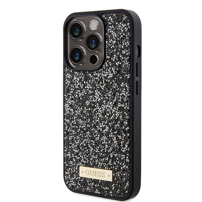 iPhone 15 Pro Kılıf Guess Orjinal Lisanslı Taşlı Arka Yüzey Metal Yazı Logolu Kapak