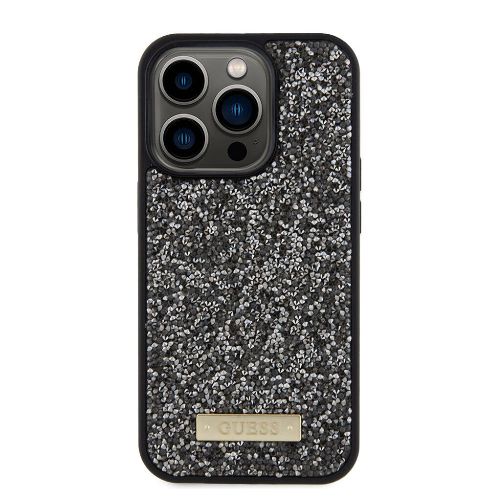 iPhone 15 Pro Kılıf Guess Orjinal Lisanslı Taşlı Arka Yüzey Metal Yazı Logolu Kapak